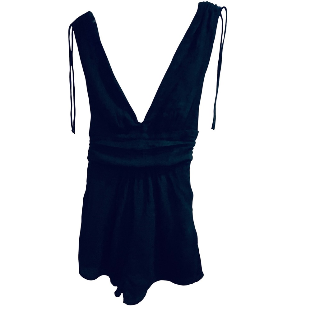 One Clothing Los Angeles Black Deep V-Neck Romper Smocked Back Shoulder Ties S - Picture 2 of 14